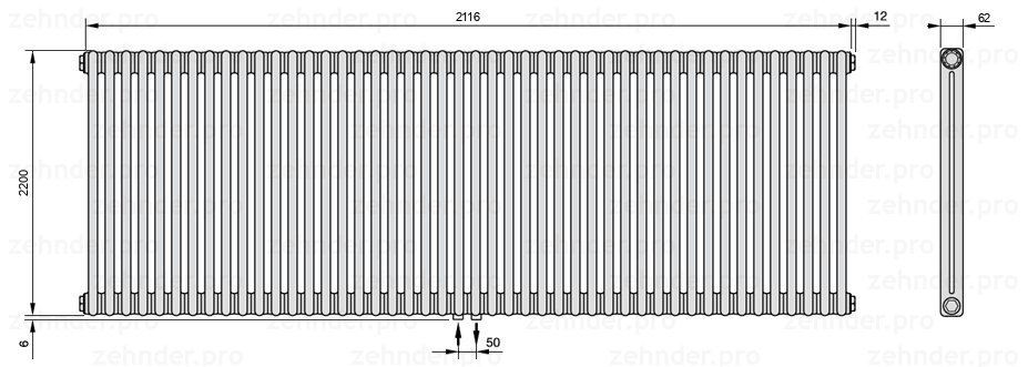 Схема (чертеж) Радиатор Zehnder Charleston 2220/46 №3470 Белый глянцевый RAL 9016